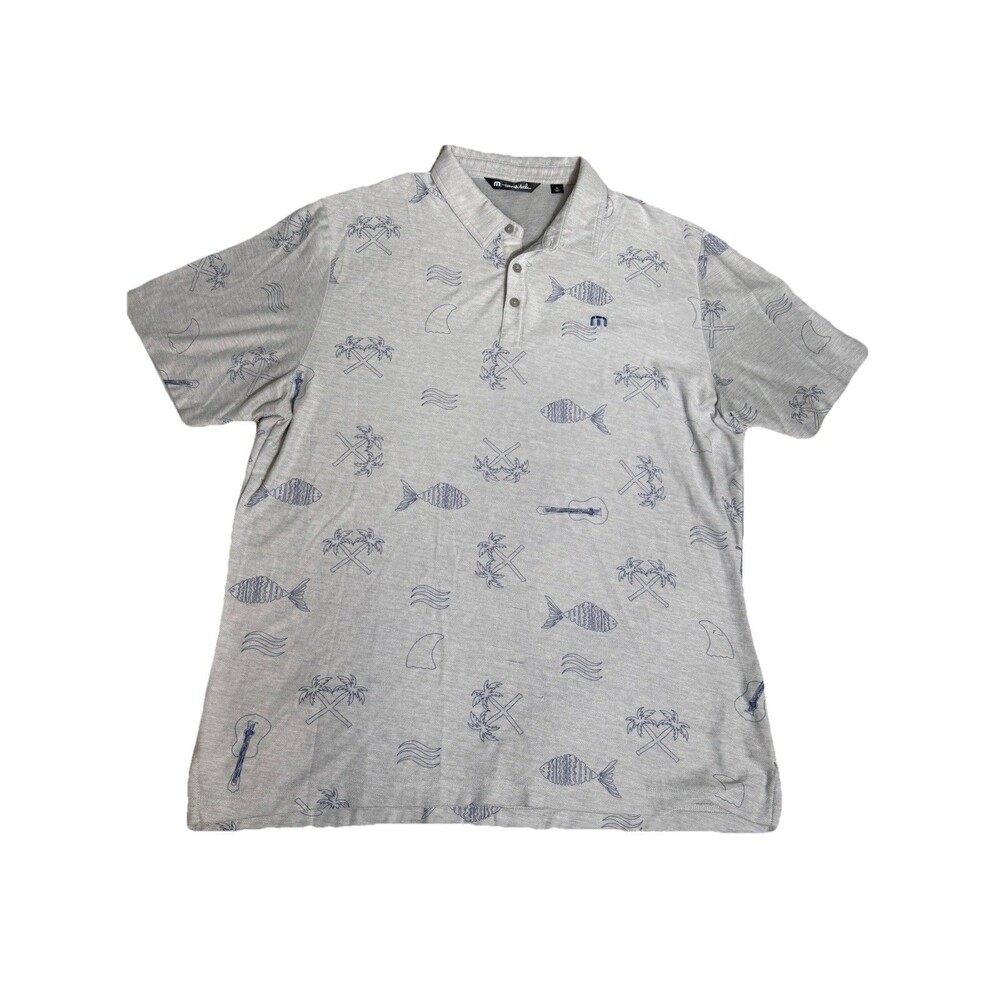Travis Mathew Polo Men's XL Grey Fish Palm All Over Print Graphic Short Sleeve